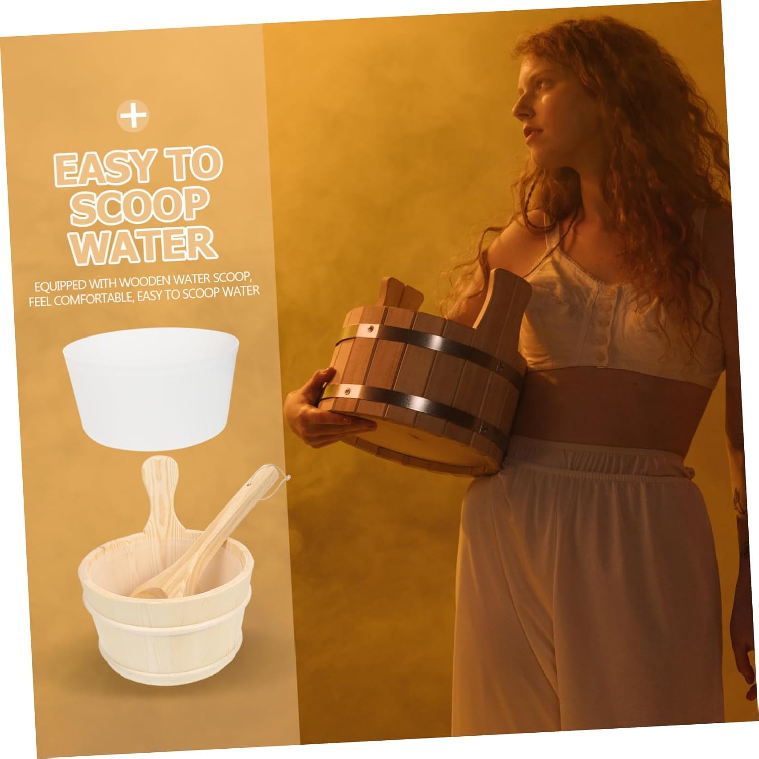 Natural Wooden Spa Bucket and Spoon Set Sauna Accessories for Home Use Easy Scoop Design