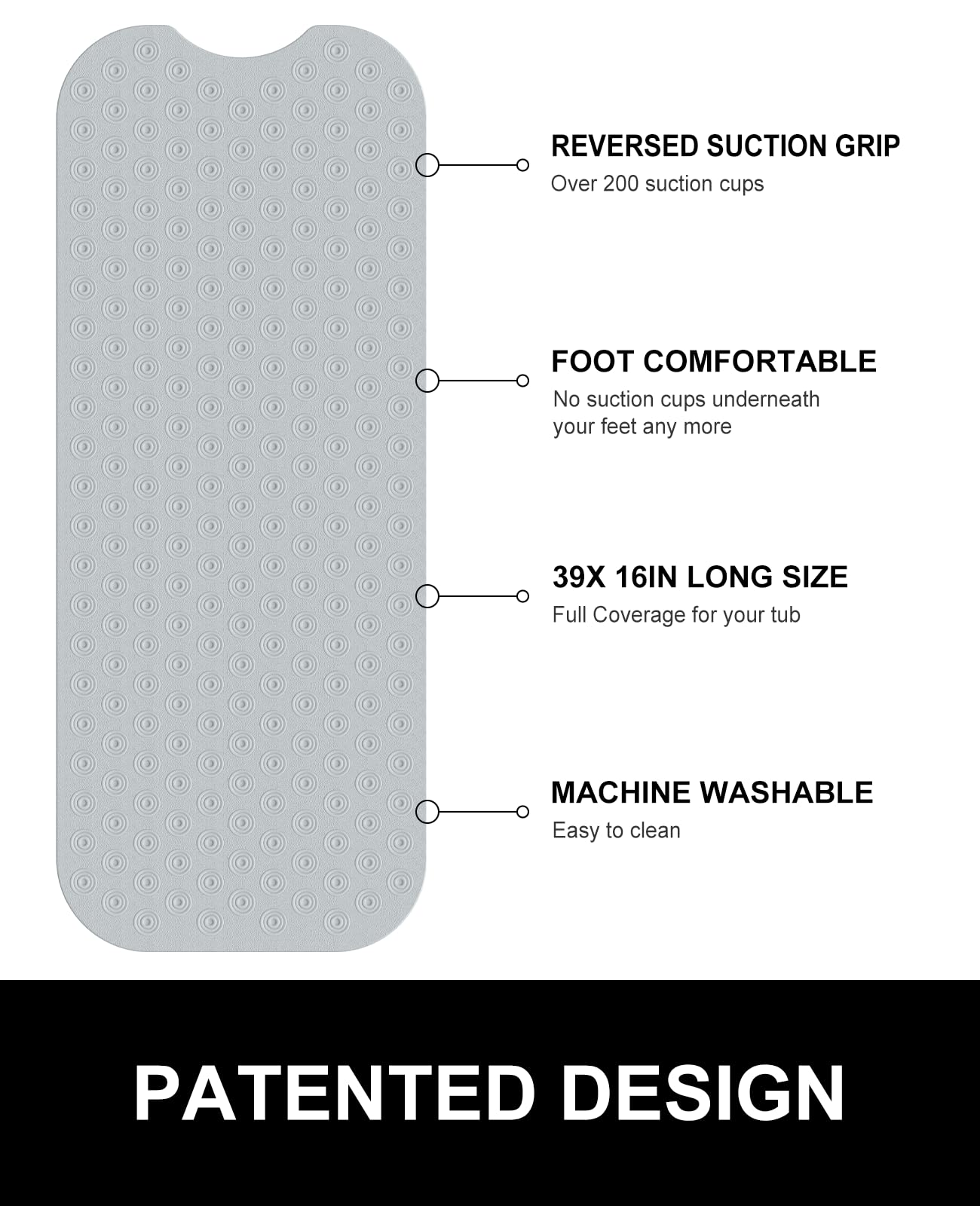 Yolife No Suction Cup Bath Mat: 40x100CM Extra Long Bath Mat│Perfect for Refined Bathtub Mat │Made of Natural Rubber │A Boon for the Elderly and Children (Grey
