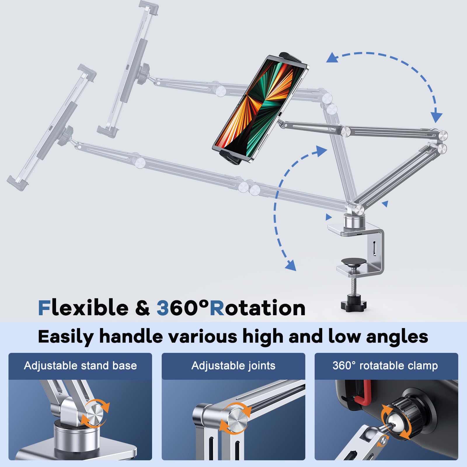 Soporte para tableta para escritorio, soporte ajustable para tablet con soporte de abrazadera, soporte de aluminio de rotación de 360° para iPad, compatible con dispositivos de 4 a 12.9