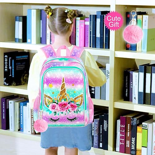 Miniatura 7 de WZLVO Mochila de unicornio de 3 piezas para niñas, 16 pulgadas, mochila preescolar con lonchera, resistente al agua, juego de mochilas escolares