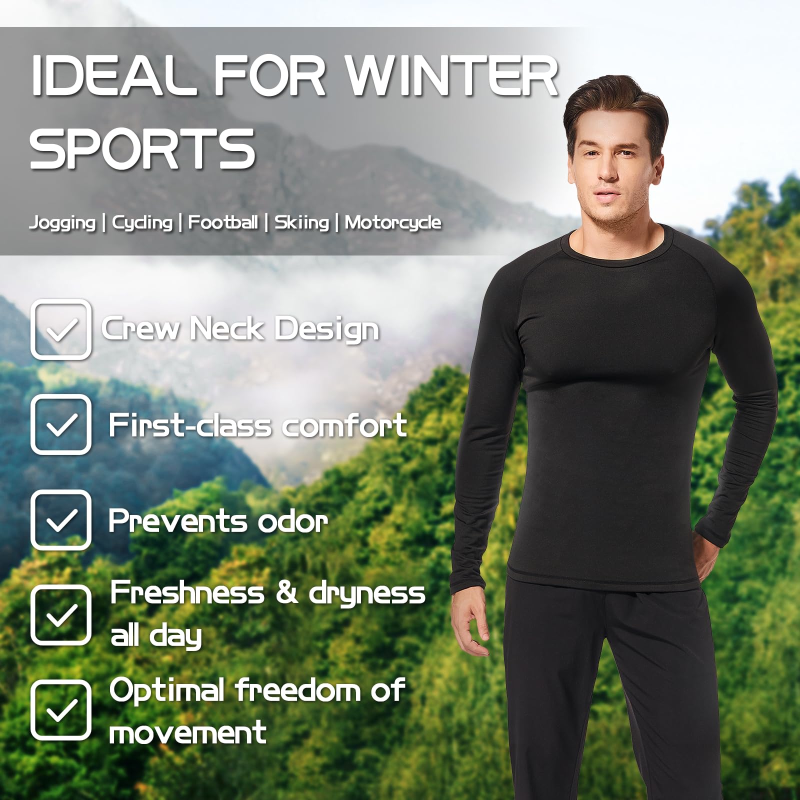 Homord sous Vetement Thermique Homme, Ensemble de sous-Vêtement Ski Grand Froid - Homme à Manches Longues Couche de Base Haut et Pantalon Chaud sous Vetement Hiver pour Ski Moto Sport