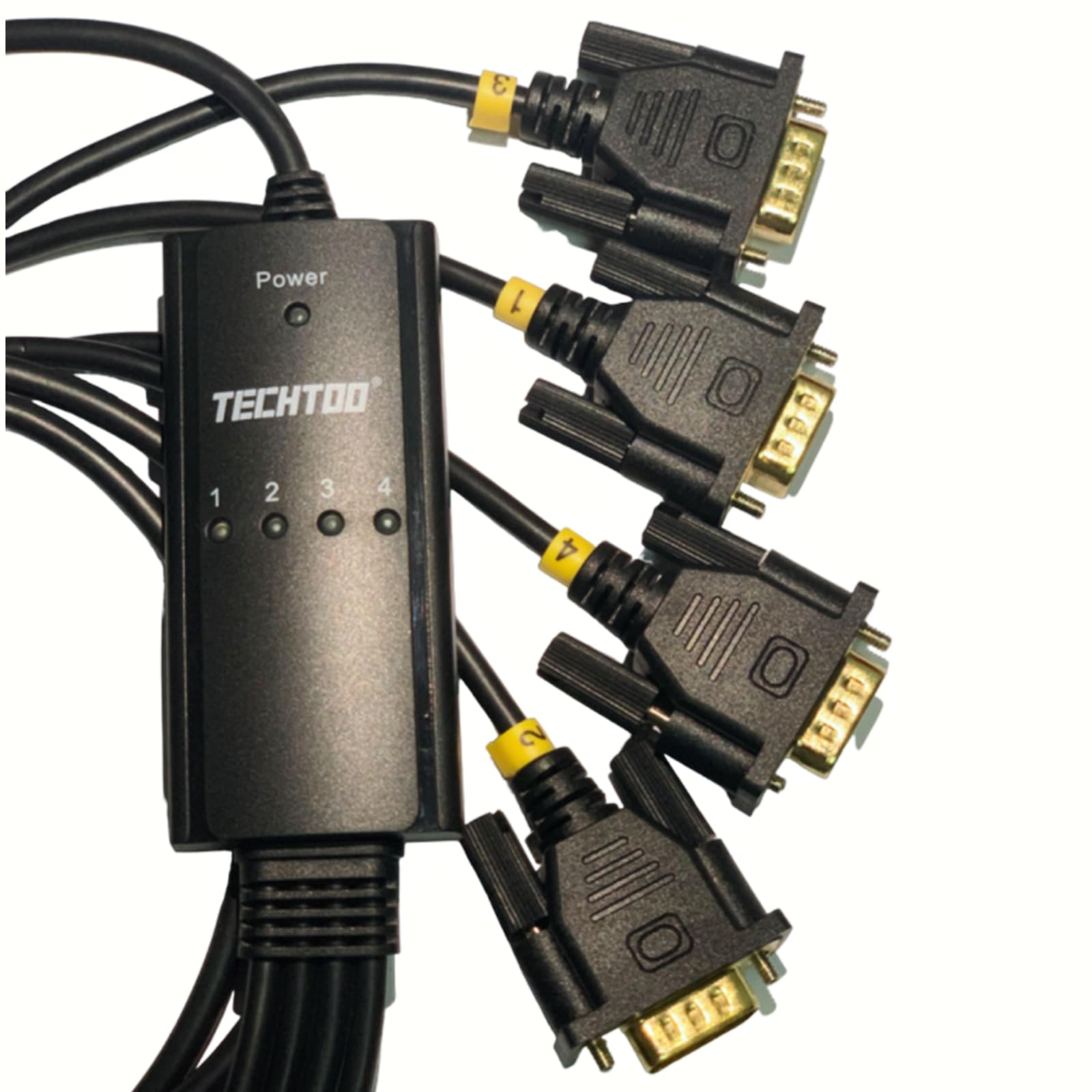 TECHTOO Adaptador USB a Serial RS232 DB9 de 4 puertos USB a Seria, cable serie de 9 pines con tornillos de mariposa (chip prolífico con tornillos de pulgar, 4 puertos)