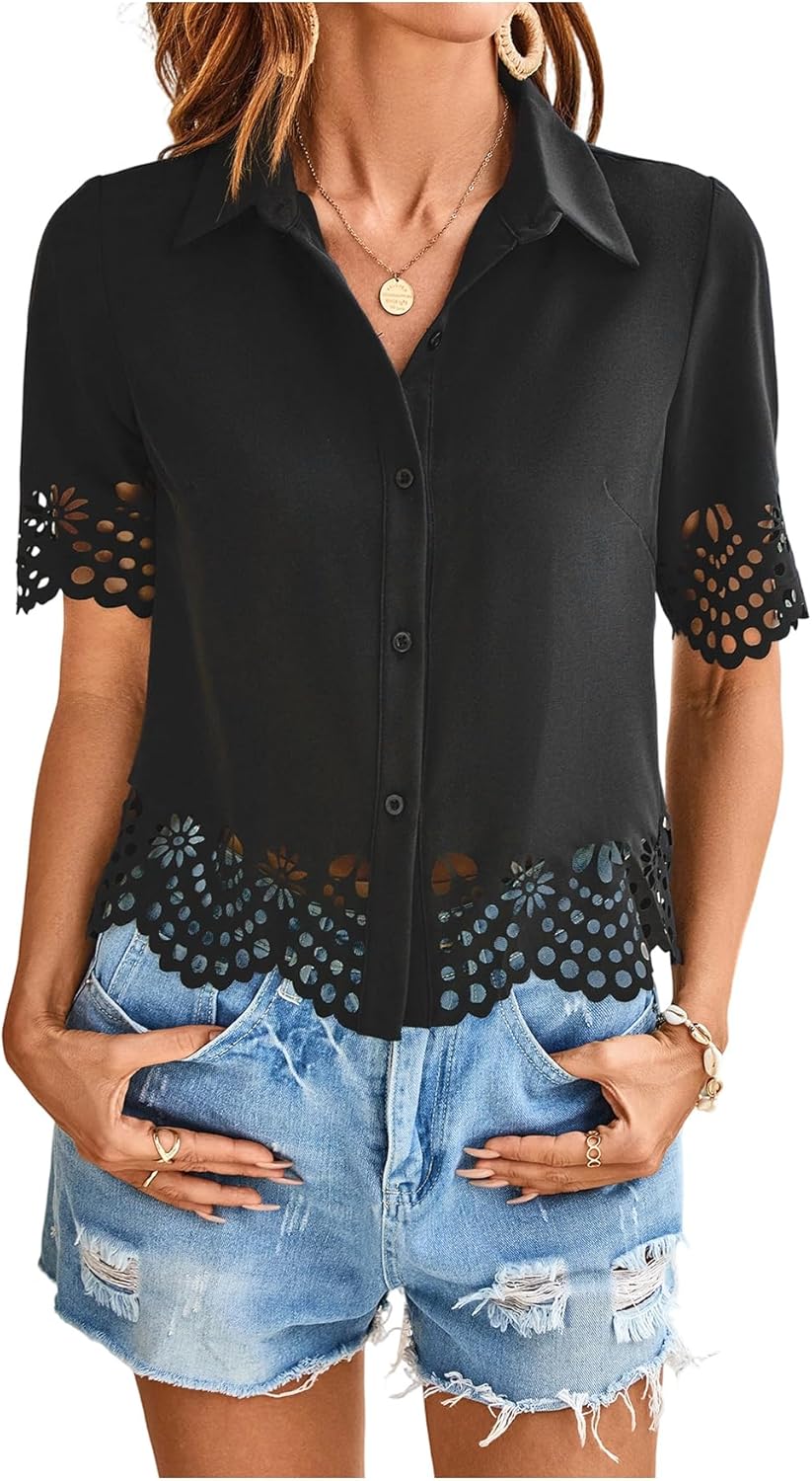 SweatyRocks Women's Button Down Summer Shirts Short Sleeve Scalloped Hollow Out Blouse