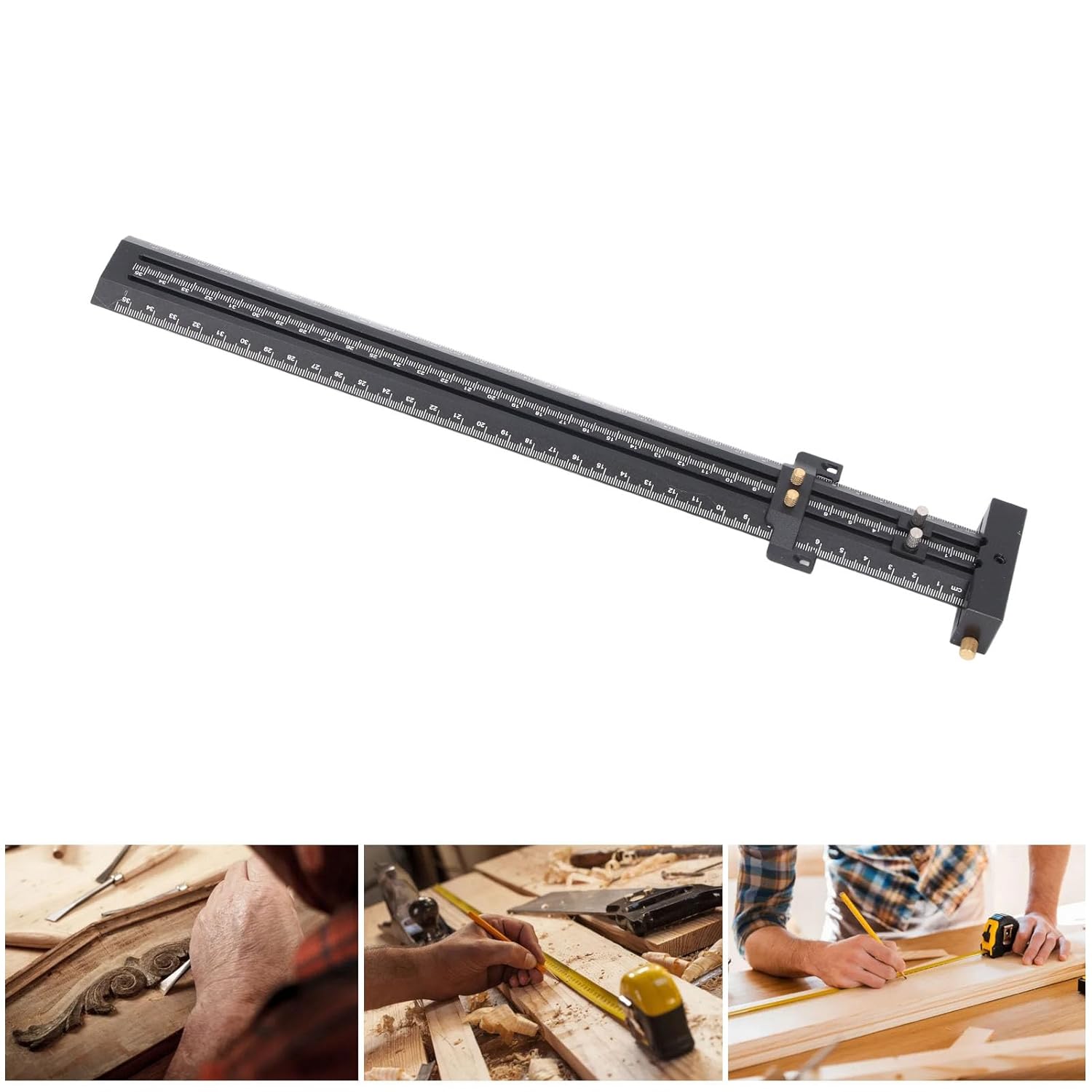 T Type Scribing Ruler, Aluminum Alloy Woodworking Ruler, Black, Portable Multifunctional with Pen - Adjustable Sliding Design, Precision Etched Scale, Ideal for Construction and (Black)