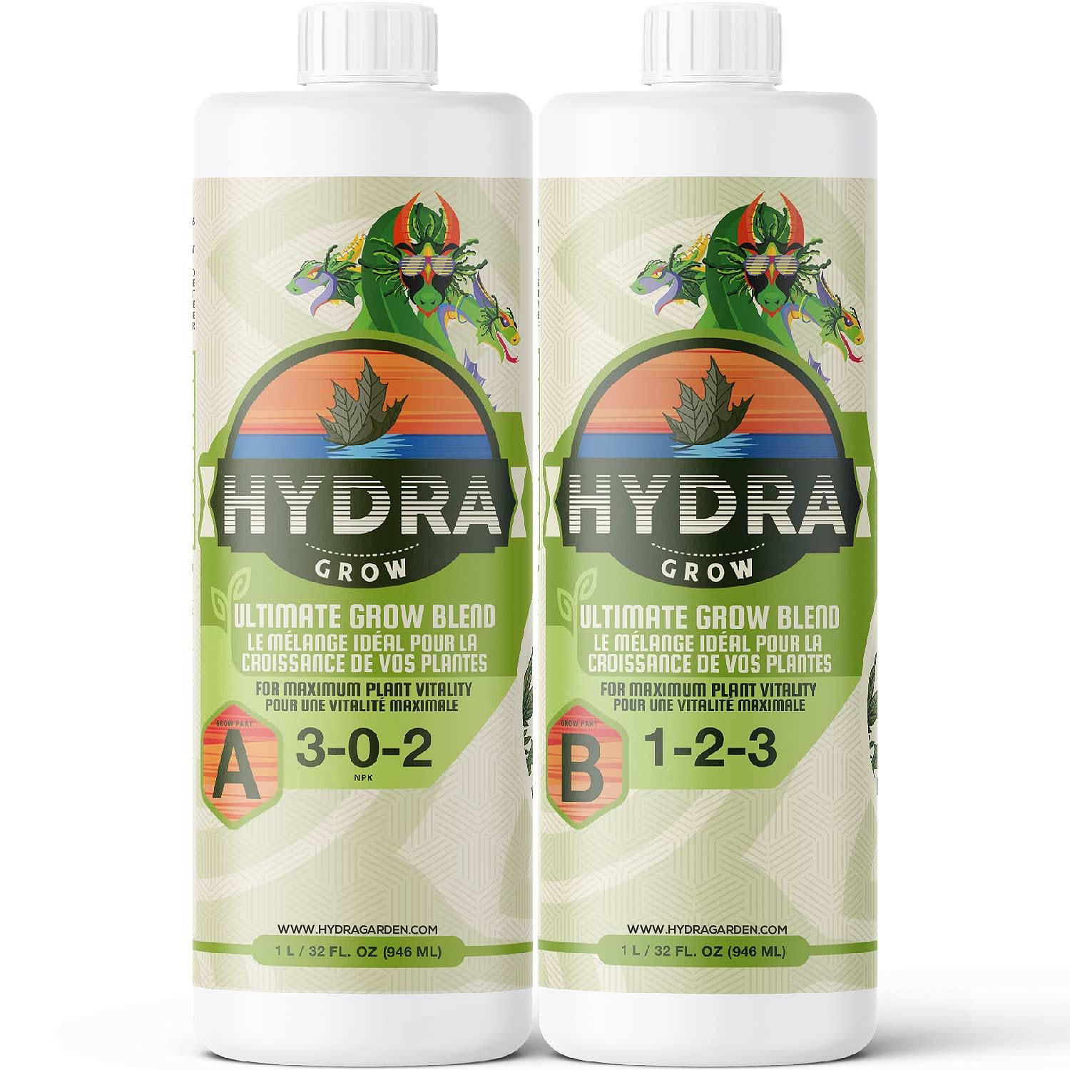 HydraGrow A & B Indoor Garden Plant Food - 32oz Liquid Plant Fertilizer Set - Base Hydroponic Nutrients to Support Vegetative Growth in All Plants, Vegetables, Flowers & Trees NPK 3-0-2 & 1-2-3