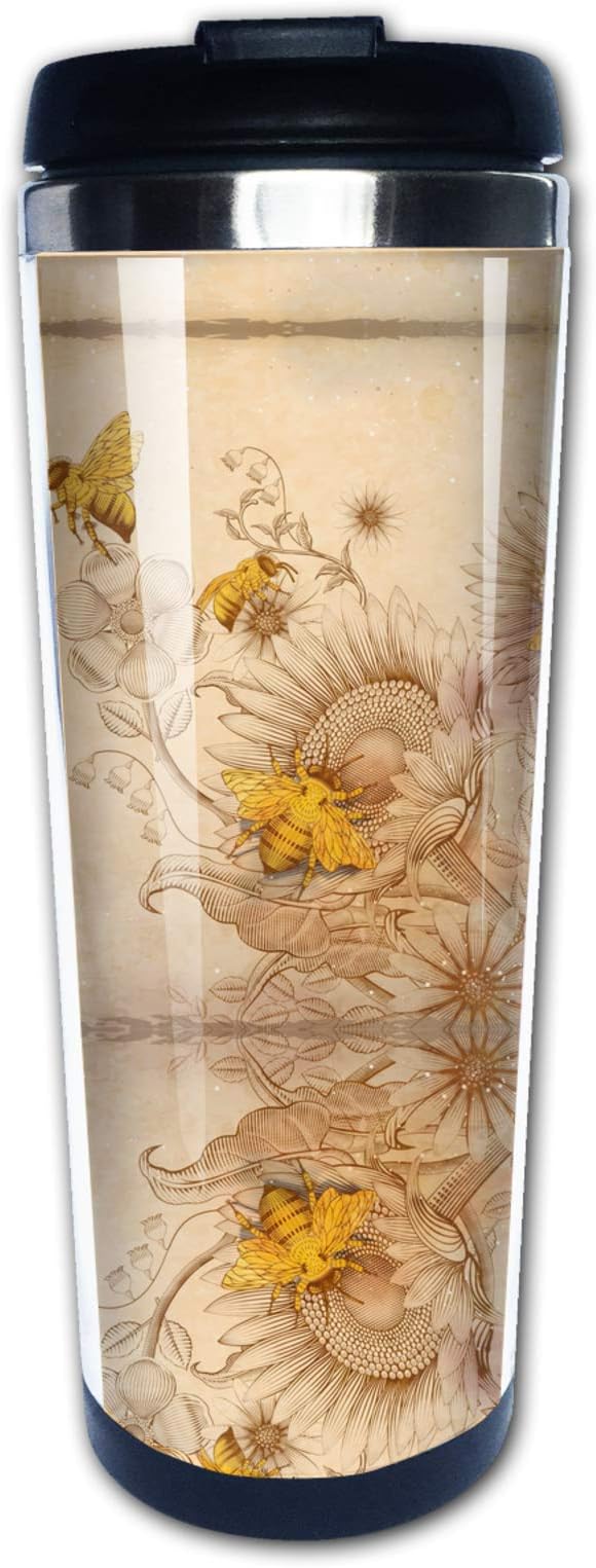 NVJUI JUFOPL Rural Honey Bees Wildflowers Travel Tumbler Coffee Mug for Men's & Women's 14 oz, With Flip Lid, Stainless Steel, Vacuum Insulated, Water Bottle Cup