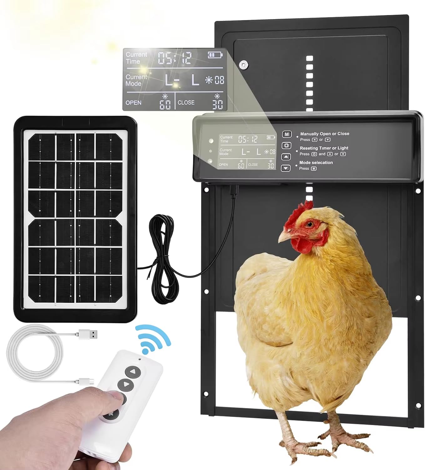 Puerta automática de gallinero solar, puerta automática gallinero de aluminio con 4 modos y temporizador, pantalla LED, sensor de luz, control remoto, anti-pellizco, sistema de alarma
