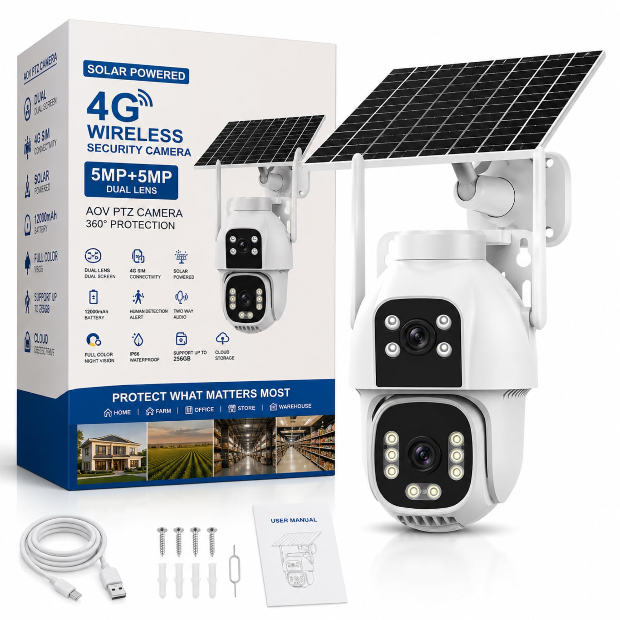 VIE Solar Camera Outdoor Waterproof 4G SIM CCTV Camera, 4MP Dual Lens PTZ, 360 Degree with 10X Zoom, Motion Detection, Two-Way Audio, Night Vision, IP66 Waterproof, Mobile App Monitoring-image-2