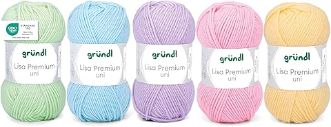 Gründl Lisa Premium Uni - Ovillo de lana para tejer (5 x 50 g, 100% poliacrílico, muy suave y fácil de limpiar, color verde bebé, azul, morado, rosa y amarillo)