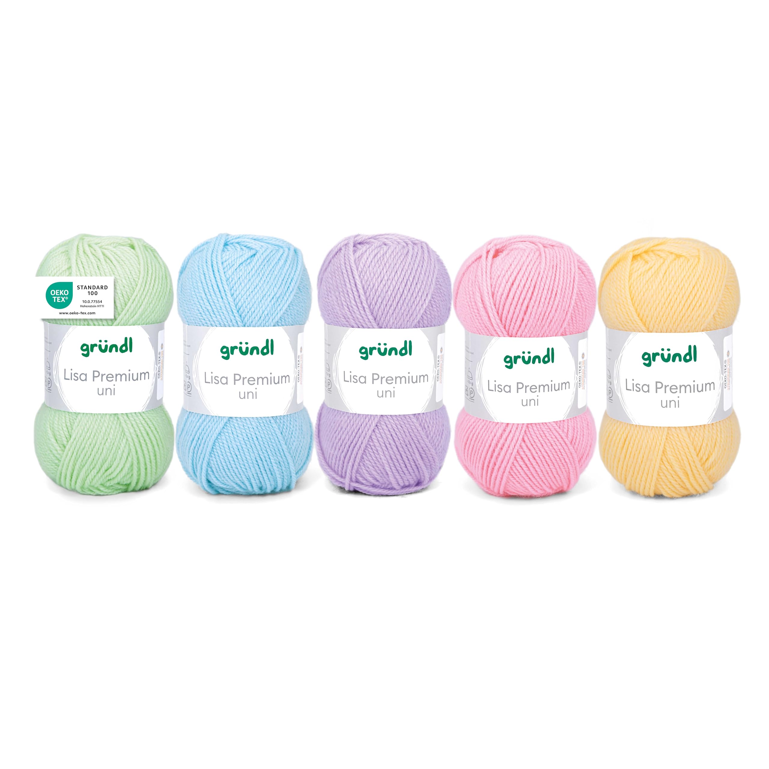 Gründl Wolle Lisa Premium uni - Garn zum Stricken - Strickgarn - Häkelgarn - Weich und hautfreundlich - 100% Polyacryl 5 Knäuel 50 g / 133 m - Nadelstärke 3,5-4,5 - Babygrün-Blau-Lila-Rosa-Gelb
