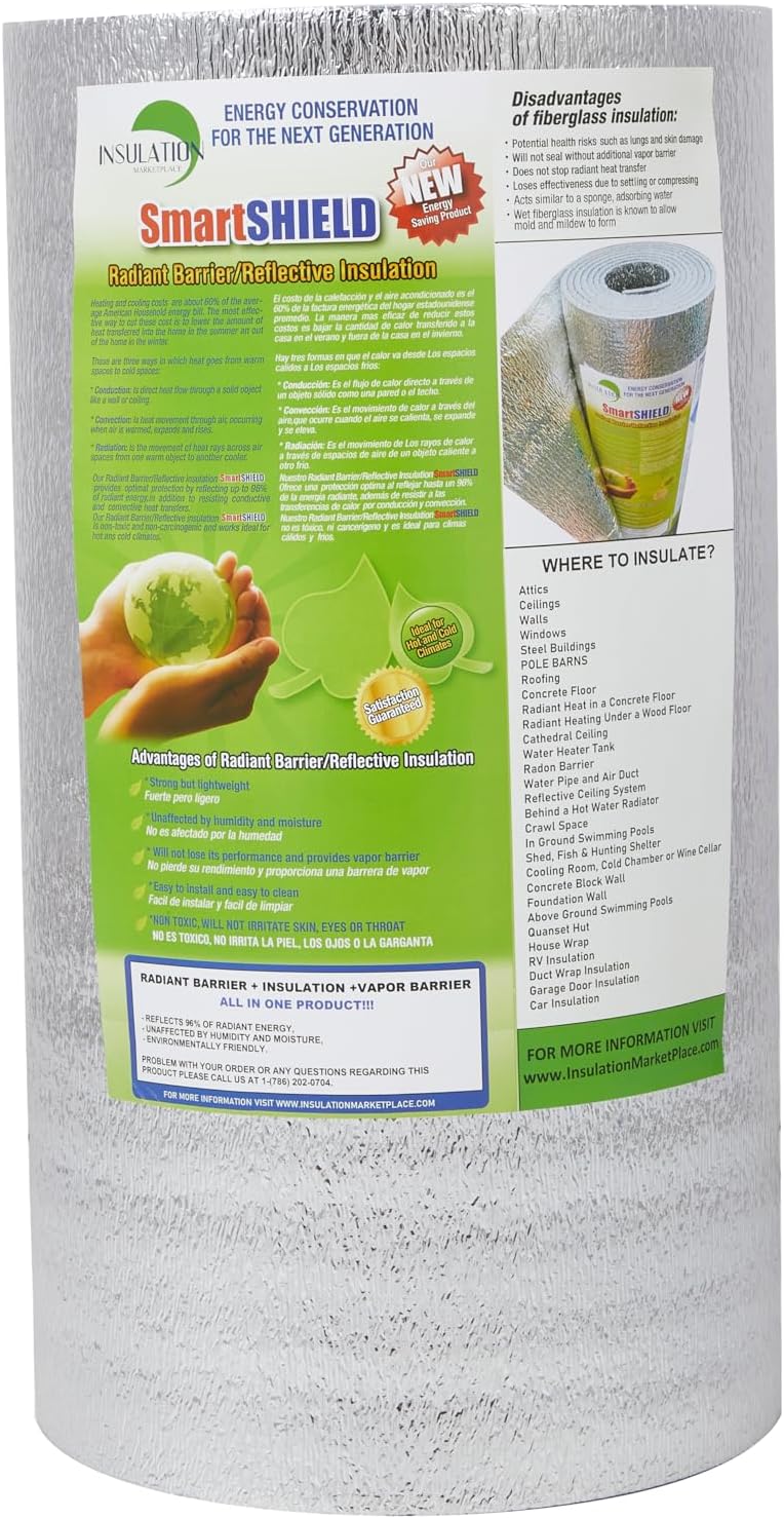 SmartSHIELD 5mm Foam Core Reflective Insulation Roll 24x25ft - R-8 Radiant Barrier HVAC Duct Wrap, Pure Aluminum Foil/Foil