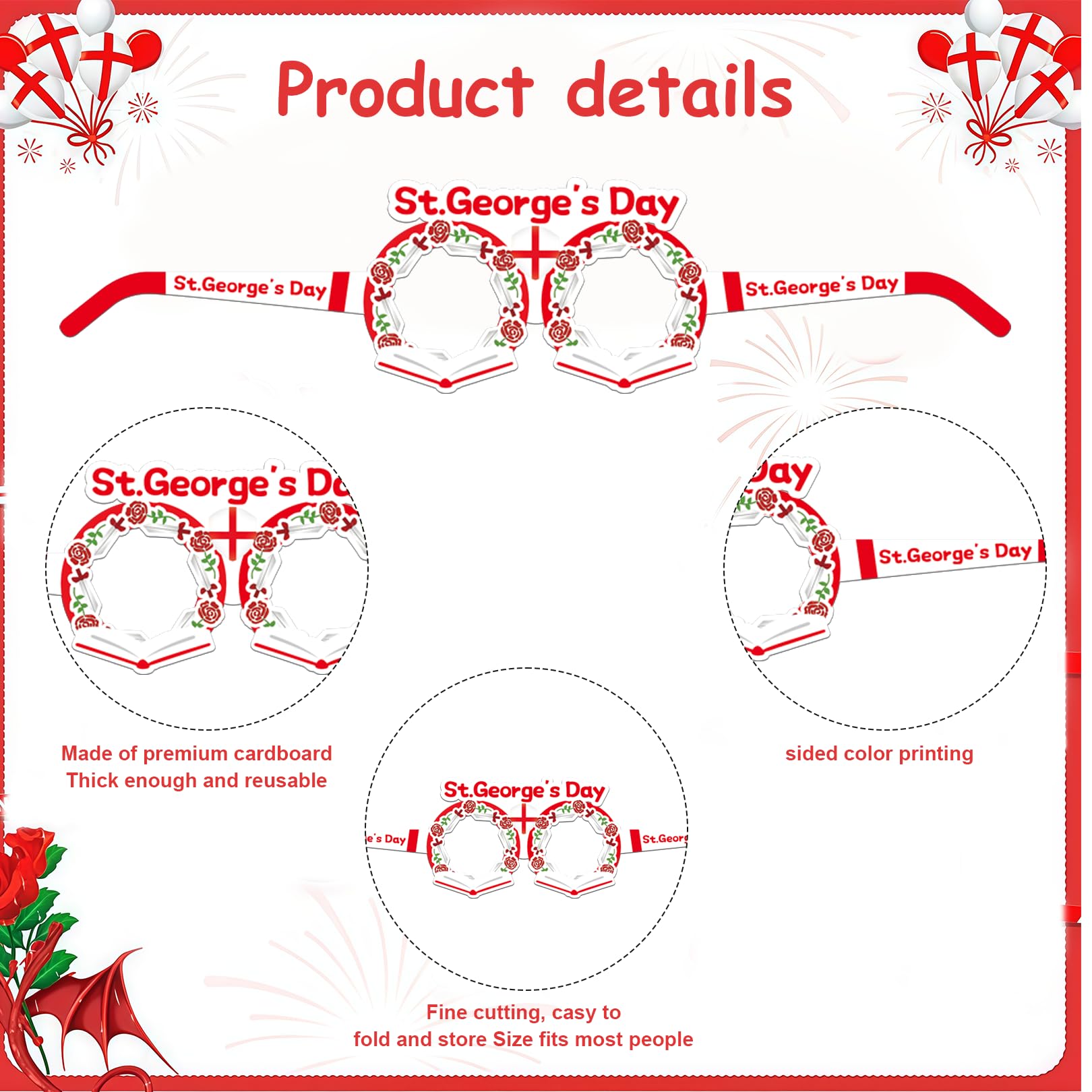 12PCS St Georges Day Glasses, England St George’s Day Party Accessories, Red White Paper Eyeglasses Eye Masks - Image 3