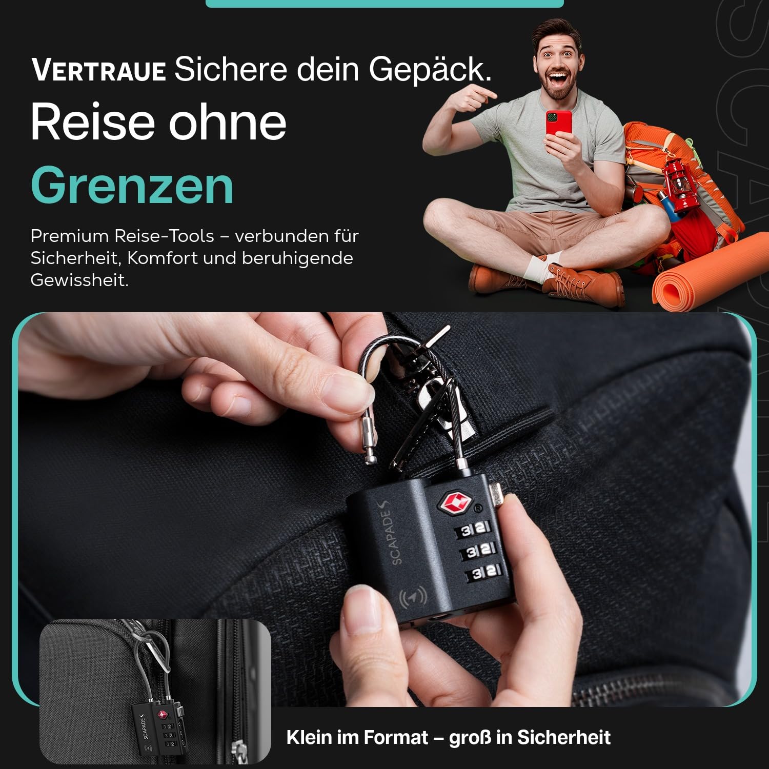 Scapade AirLock – TSA-zugelassenes Smart-Kofferschloss mit Apple „Wo ist?“ Tracking und USB-C-Akku, extrem robustes Reiseschloss für Hand- und Aufgabegepäck