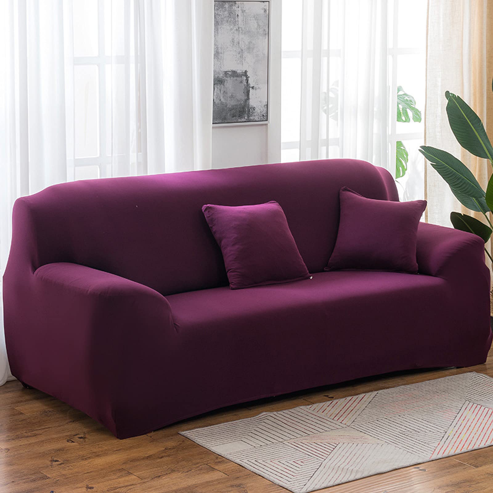 2 Seater Sofa Cover Elegant Purple Stretch Sofa Covers Spandex Settee Covers 2 Seater Washable Sofa Protectors from Pets Non Slip Covers for Sofas All Seasons Couch Cover with Elastic Strap