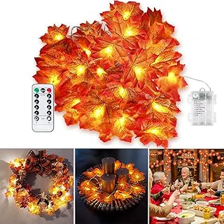 Thanksgiving Decorations Fall Garland Maple Leaf Lighted 2 Pack - Total 20ft 40LED Waterproof Battery Operated Indoor Fall String Lights Decor with Remote Control Timer for Holiday Autumn Harvest