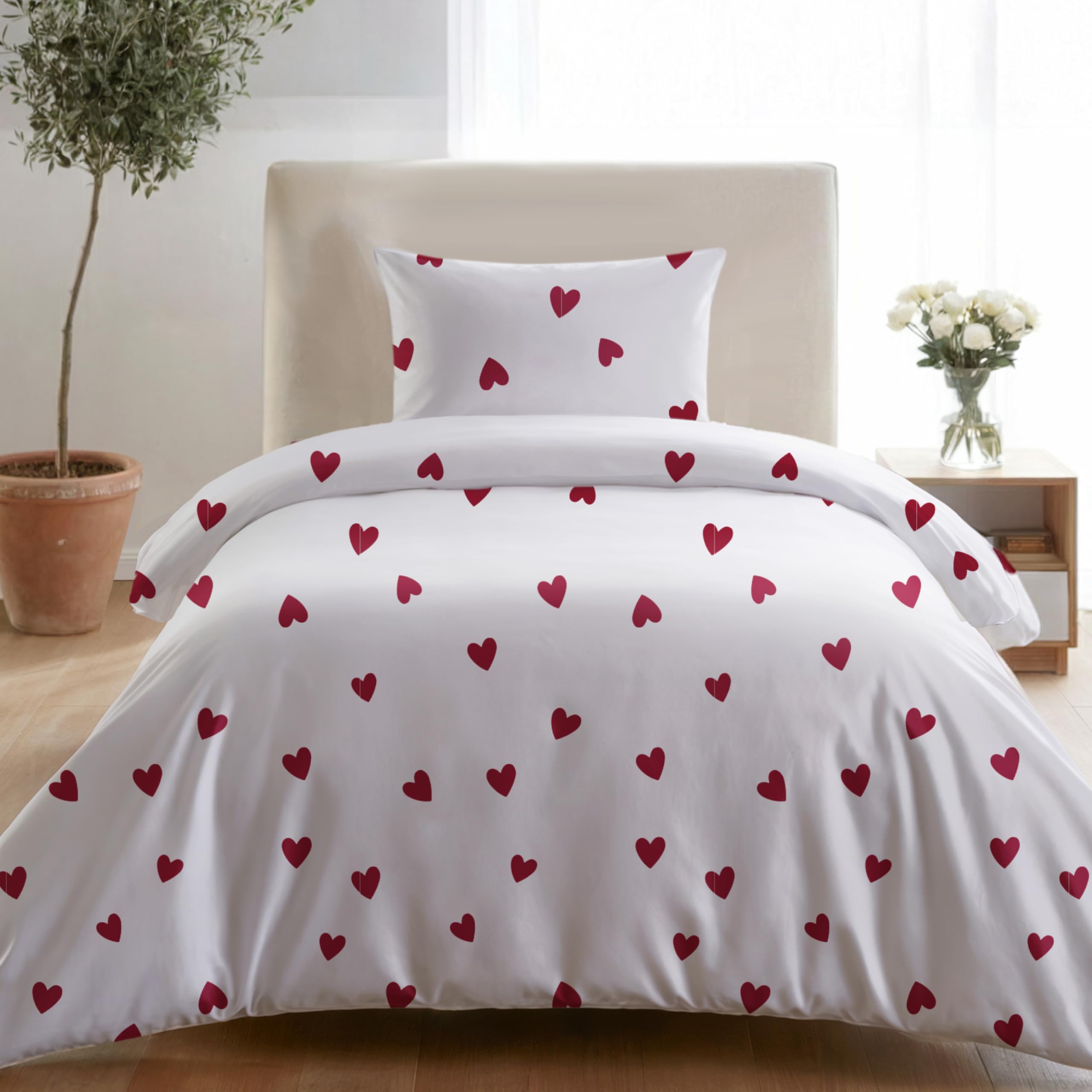 Dreamzie Duvet Cover for 90 cm Bed – Duvet Cover 140 x 200 cm, Pillowcase 65 x 65 cm – 100% Microfibre – Oeko Tex Certified – Red Hearts Print OEKO-TEX STANDARD 100