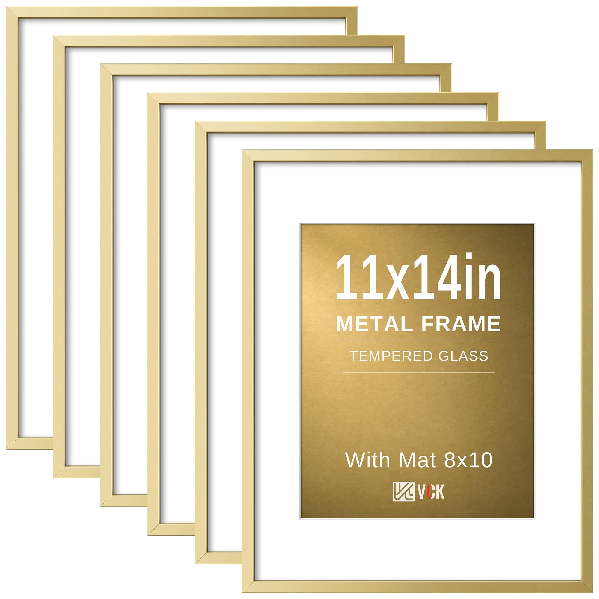 VCK 11x14 Picture Frame Gold Metal, Real Glass, 8x10 Mat, 6 Pack, for Arts