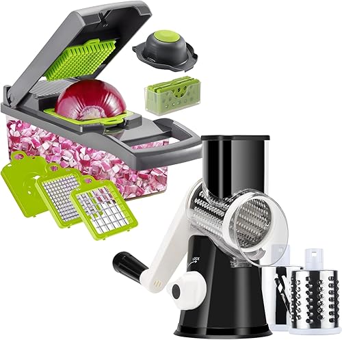 Ourokhome Rallador rotativo de queso con 3 cuchillas de tambor de acero inoxidable y 12 en 1 rebanador de mandolina profesional para cocina con