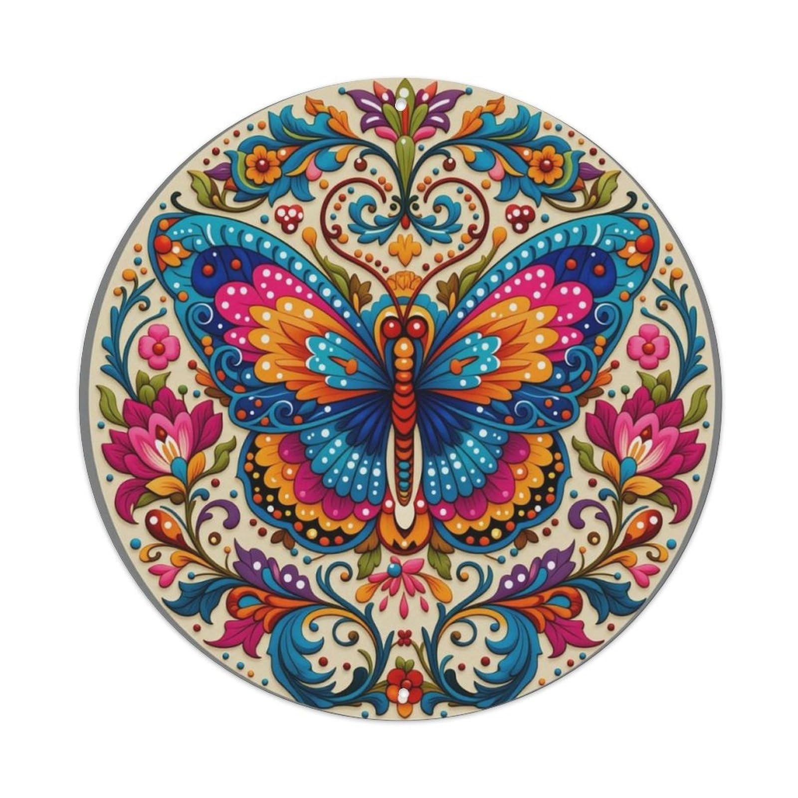 Mexican Folk Art Colorful Butterfly Floral Round Metal Sign Vintage Aluminium Metal Sign, Retro Wall Decor for Home, Bar, Garage & Farmhouse 20x20cm
