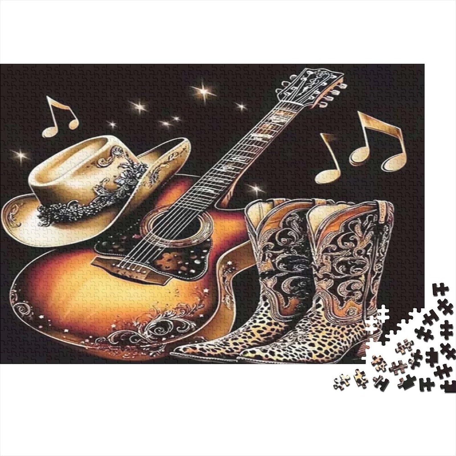 Country Guitar 1000 Piece Jigsaw Puzzle Paper for Adults Western Cowboy Hat and Boots Musical Notes Family Relaxation Focus Gift 38x26cm/1000pcs โ image 1