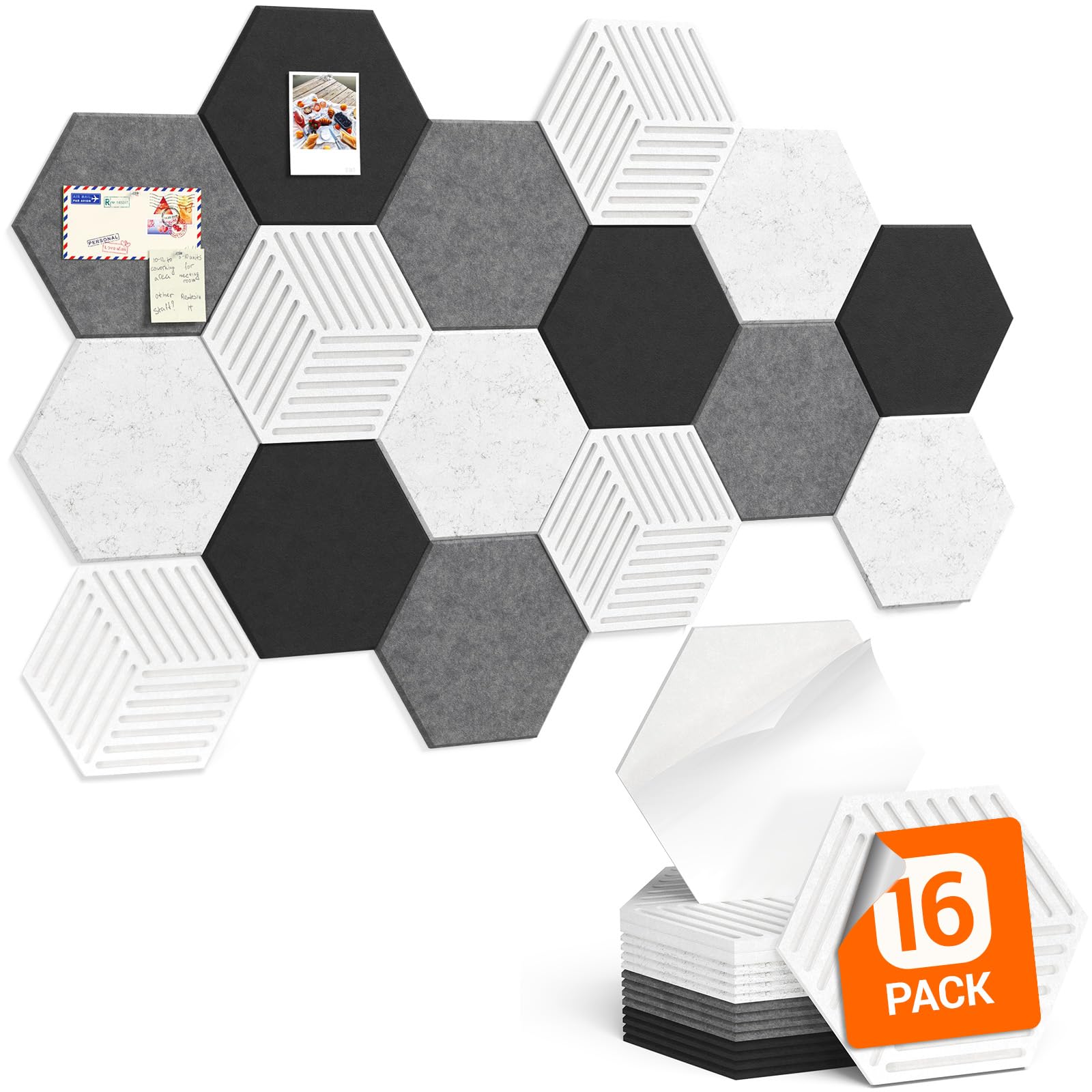 Lifewit 16-Pack Hexagon Bulletin Board, Cork Board Alternative for Walls, 30x26x0.9cm, Felt Panels with 70 Pins, 4 Colors Set, Full Self-Adhesive, for Home, Studio, Office, Dorm, Concrete Grey