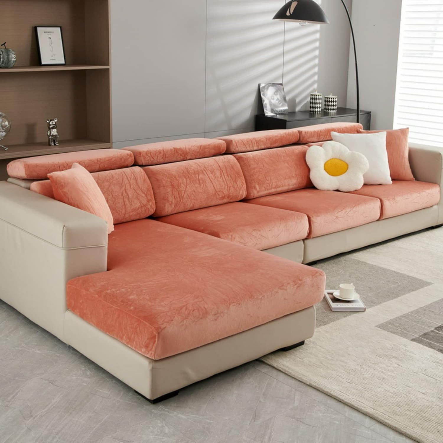 EFELIM Velvet Sectional Couch Cushion Cover for L-Shaped Sofa Chaise Longue Cover, 1 2 3 Seater Sofa Slipcover Stretch Sofa Cover Anti-Slip Furniture Protector (Orange,loveseat(2pcs))