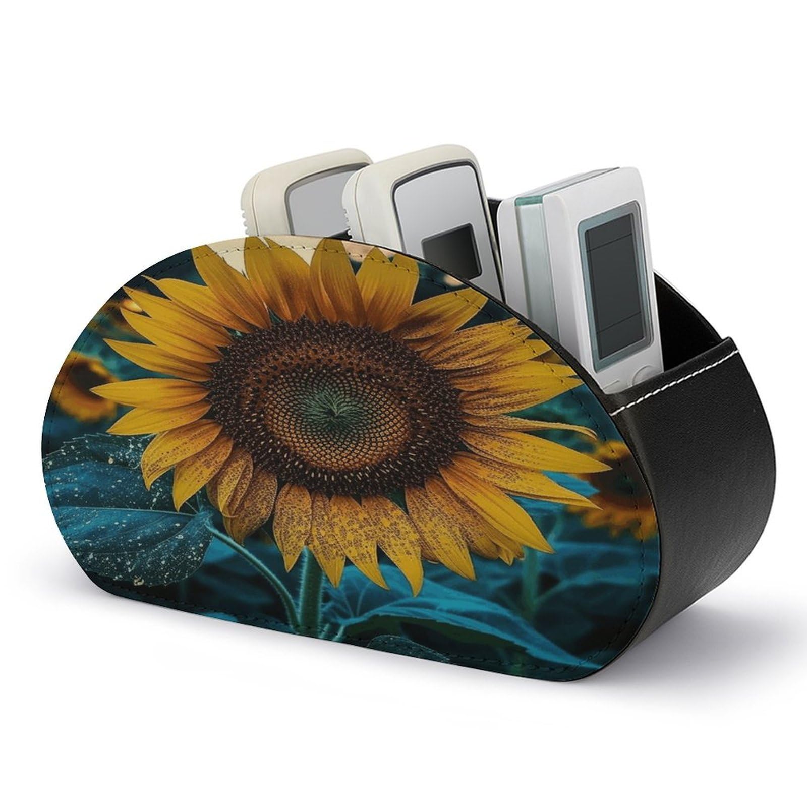 VstaDank The Most Beautiful Sunflower Remote Control Holder Farmhouse TV Media Remote Storage Box with 5 Compartments PU Leather Remote Caddy Desktop Organizer for Home Bedside Table Organizer
