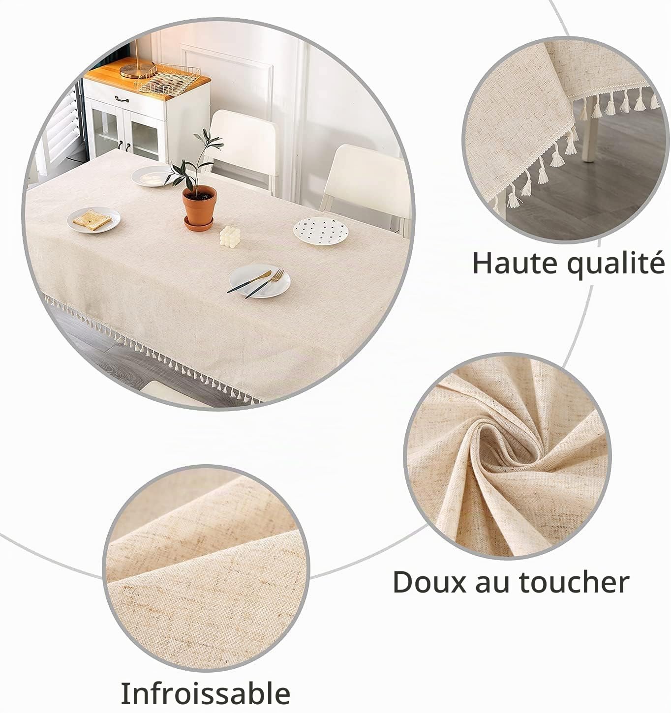 SUCHDECO Nappe Rectangulaire Anti Tache en Cotton Lin Beige, Nappe de Table Linge de Table Lavable avec Franges, Nappes pour Table à Manger Cuisine, 140 x 350 cm