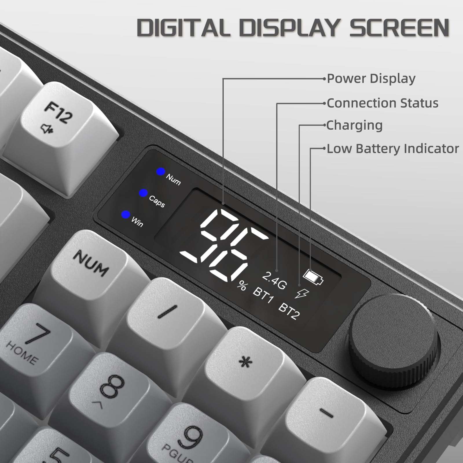 FREEWOLF M96 bezprzewodowa klawiatura membranowa do gier, sterowanie przyciskami Bluetooth/2,4 G bezprzewodowe, mechaniczne odczucia, podświetlenie LED, wyświetlacz, nasadka na klawisz PBT, 3000 mAh