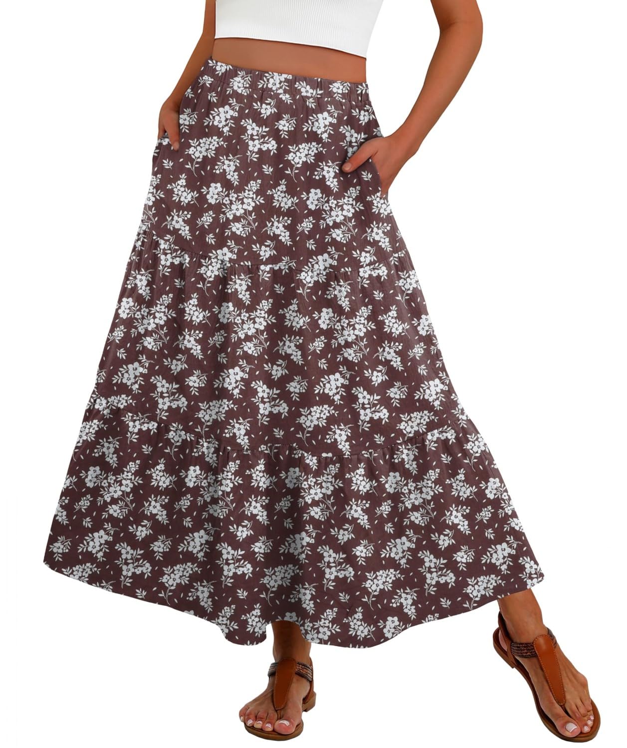 PrinStory Rock Damen Sommer Lang Boho Röcke A Linie Maxirock Mit Tasche Maxi Skirt Freizeitrock Luftig Strandkleider