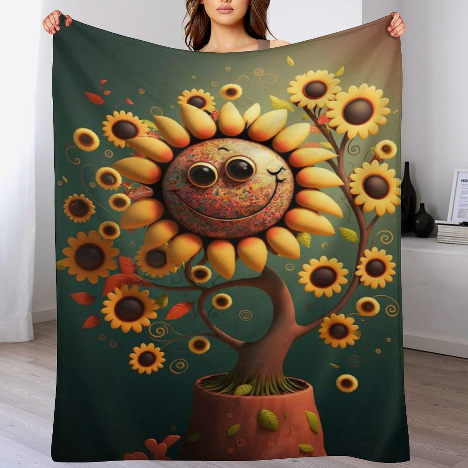 Couverture polaire en flannel douillette motif tournesol pour lit et canapé, dim. 180x200cm