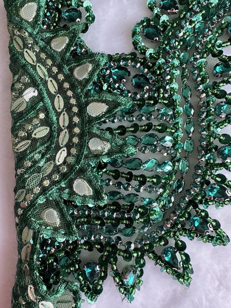 Handmade Crystal on lace Applique Sewing Rhinestones Beads Sequins Patches Trim Luxury Decoration Accessories for Wedding Dress (Deepgreen)