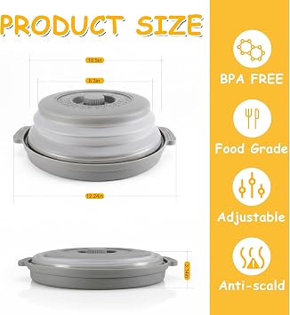 Microwave Cover for Food with Anti-scald Tray, Collapsible Microwave Plate Cover BPA Free, Microwave Splatter Guard Dishwasher Safe 10.5 Inch Grey
