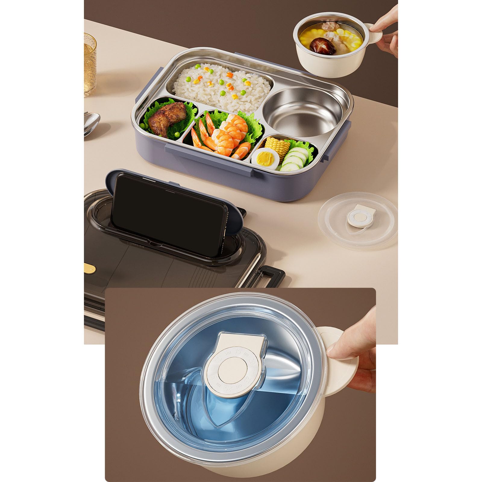 PANGBOER Térmica de Gran Capacidad con Tazón de Sopa y Cubiertos Contenedor de Alimentos de Doble Capa de Acero Inoxidable de 5 Compartimentos para Oficinas Escuela Picnic Caja de Preparación de