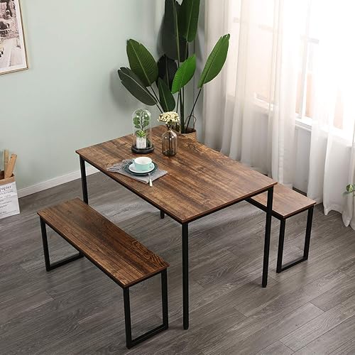 Miniatura 2 de SDHYL Juego de mesa de comedor de 45 pulgadas con 2 bancos, juego de mesa de comedor para 3, mesa de comedor rectangular pequeña de madera con 2