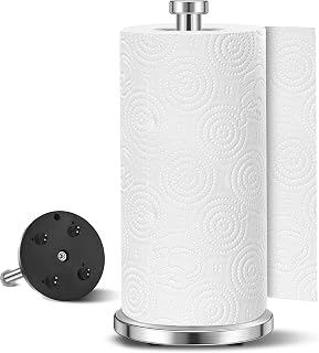 Paper Towel Holder, Standing Kitchen Roll Holder with Suction Cups, One-Hand Tear Paper Towel Stand, Non-Slip Weighted Base, Fit Most Paper Rolls, for Kitchen Table Countertop, Silver