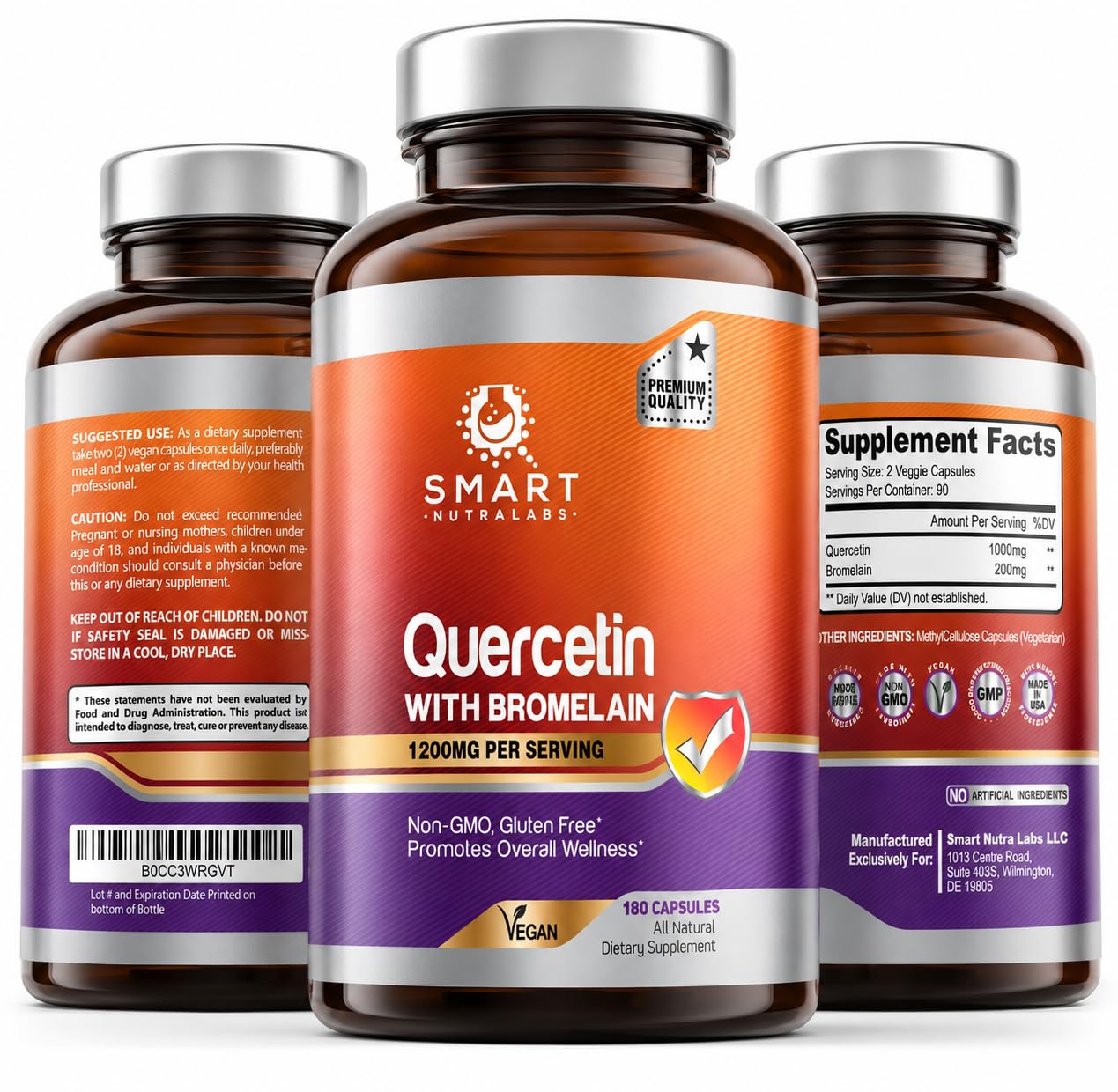 Smart Nutra Labs Suplemento de Quercetina com Bromelina 1.200 mg 180 cápsulas veganas