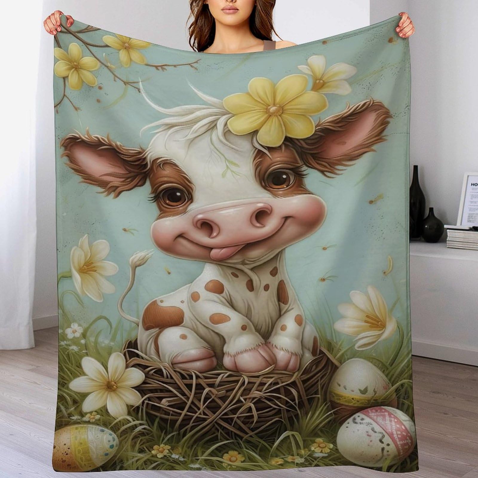 Couverture polaire 3D flannel légère motif vache mignonne jeté de lit doux de 150x200 cm