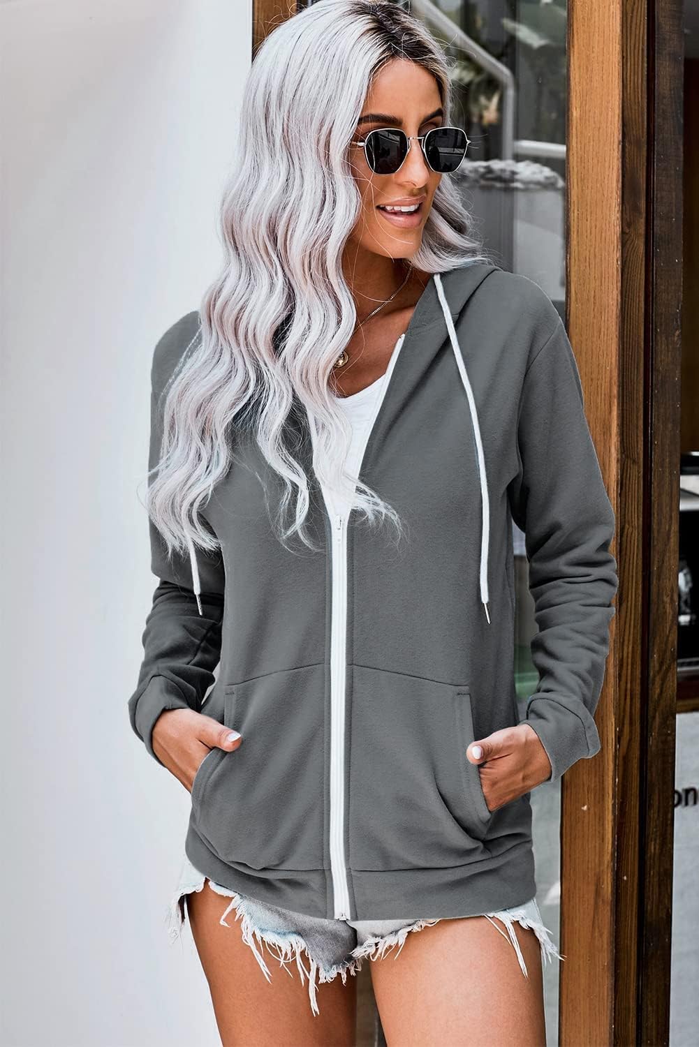 WROLEM Women Casual Full Zip Up Hoodie Comfy Loose Long Sleeve Sweatshirt Solid Color Jacket with Pockets - Image 4
