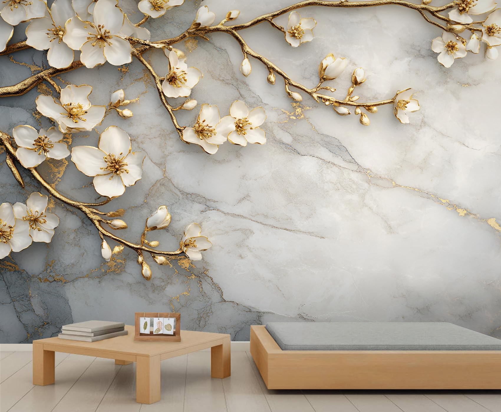 Modern White Flowers Custom Wallpaper Abstract Marble Texture Wall Murals Living Room Bedroom Background Nordic Modern Art 3D Wall Mural Home Decor 158" W x 110" H