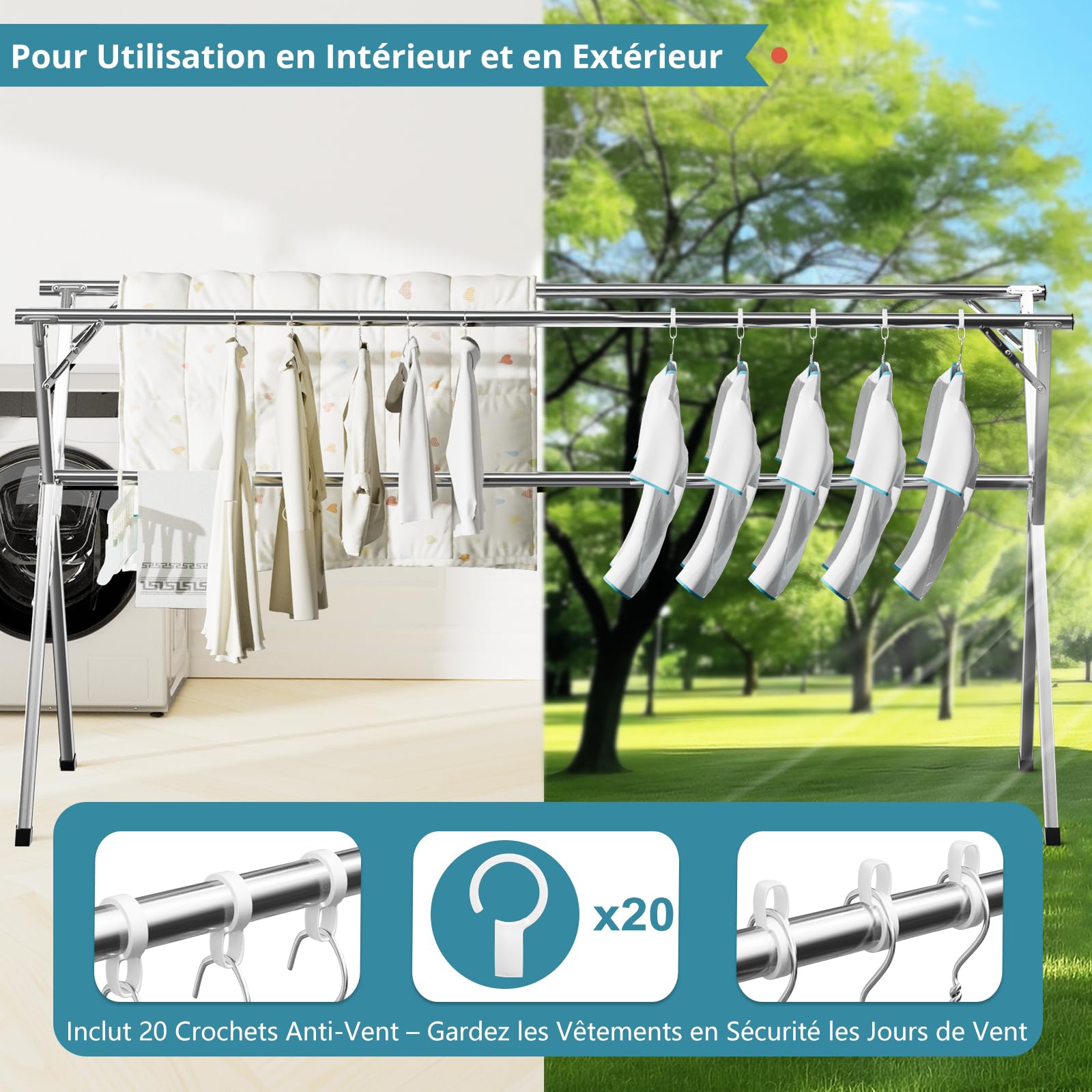 JAUREE 240 cm Séchoir à Linge, étendoir Pliable pour vêtements intérieur/extérieur, Support à Linge en Acier Inoxydable Robuste, Grand Portant Pliable et Portable avec 20 Crochets Coupe-Vent