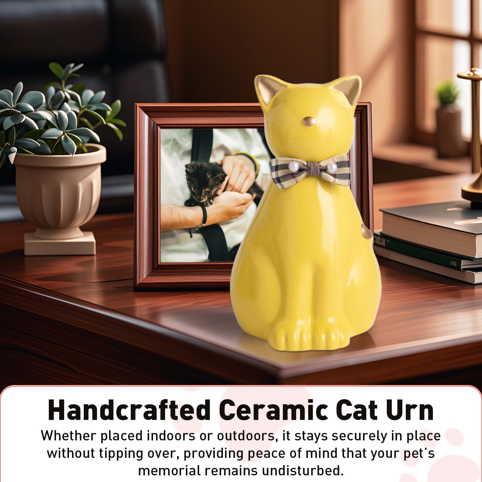 Urne funéraire en céramique faite à la main pour cendres de chat, statue de chat pour mémorial funéraire, urne pour animaux de compagnie pour une utilisation en intérieur et en extérieur (Or