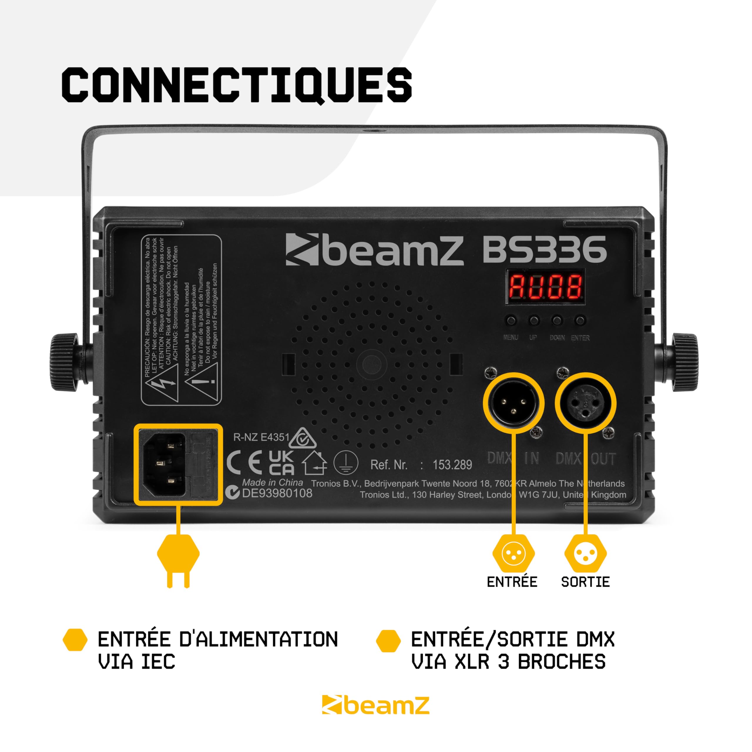 BeamZ BS336 - Stroboscope LED SMD Combo RGB+W 336 LED | Effet strobe + wash + blinder | DMX multi-zones | Éclairage pro DJ, bar & événement