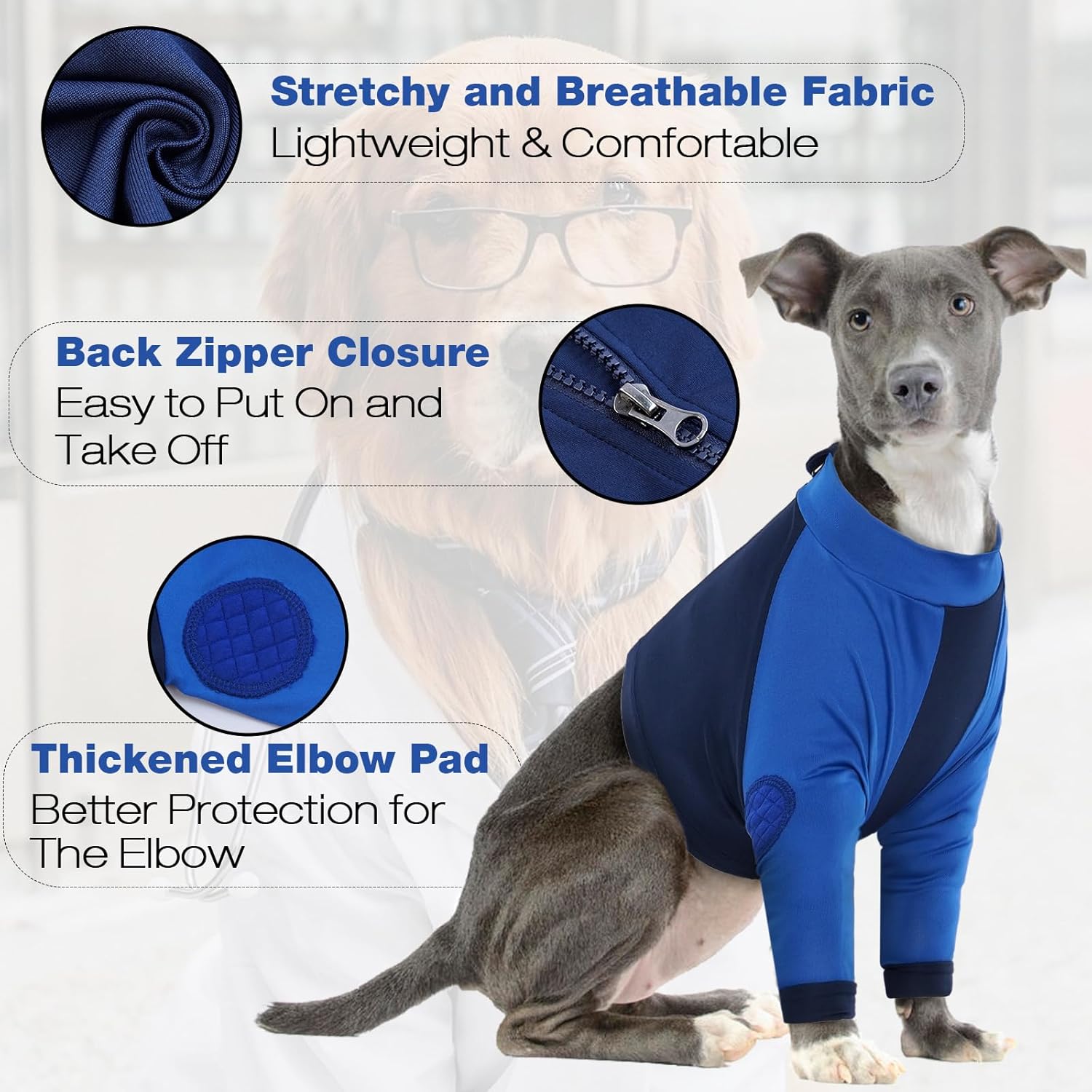 LeLePet Dog Recovery Suit for Front Legs, Dog Sleeve to Stop Licking, Elbow Protector for Leg Injuries Shoulder Wounds After Surgery Male Female,Zippered Long-Sleeved Shirt Cone Alternative(S-3XL) M Blue