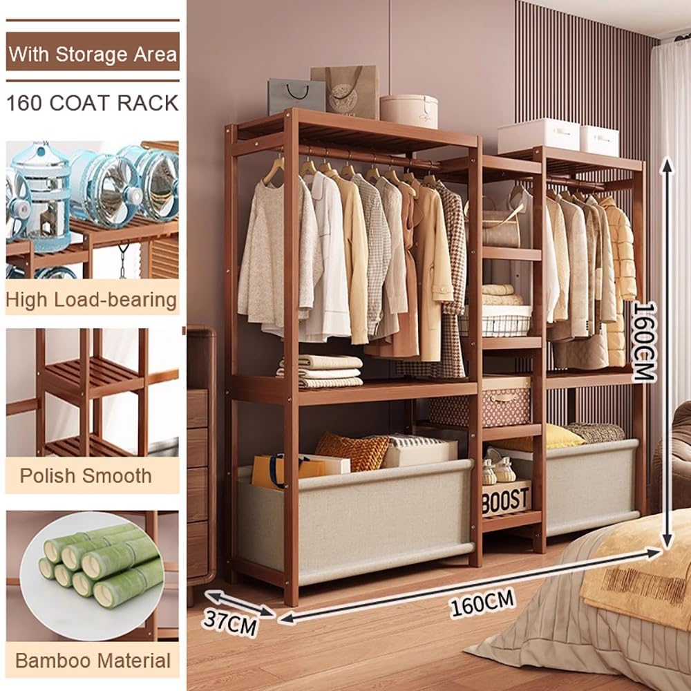 Perchero Burro Madera, Percheros de Ropa Resistente,Multifuncional Burro Ropa, Armario Abiertos,Perchero de Pie con Estantes y Bolsas de tela para Dormitorio Entrada