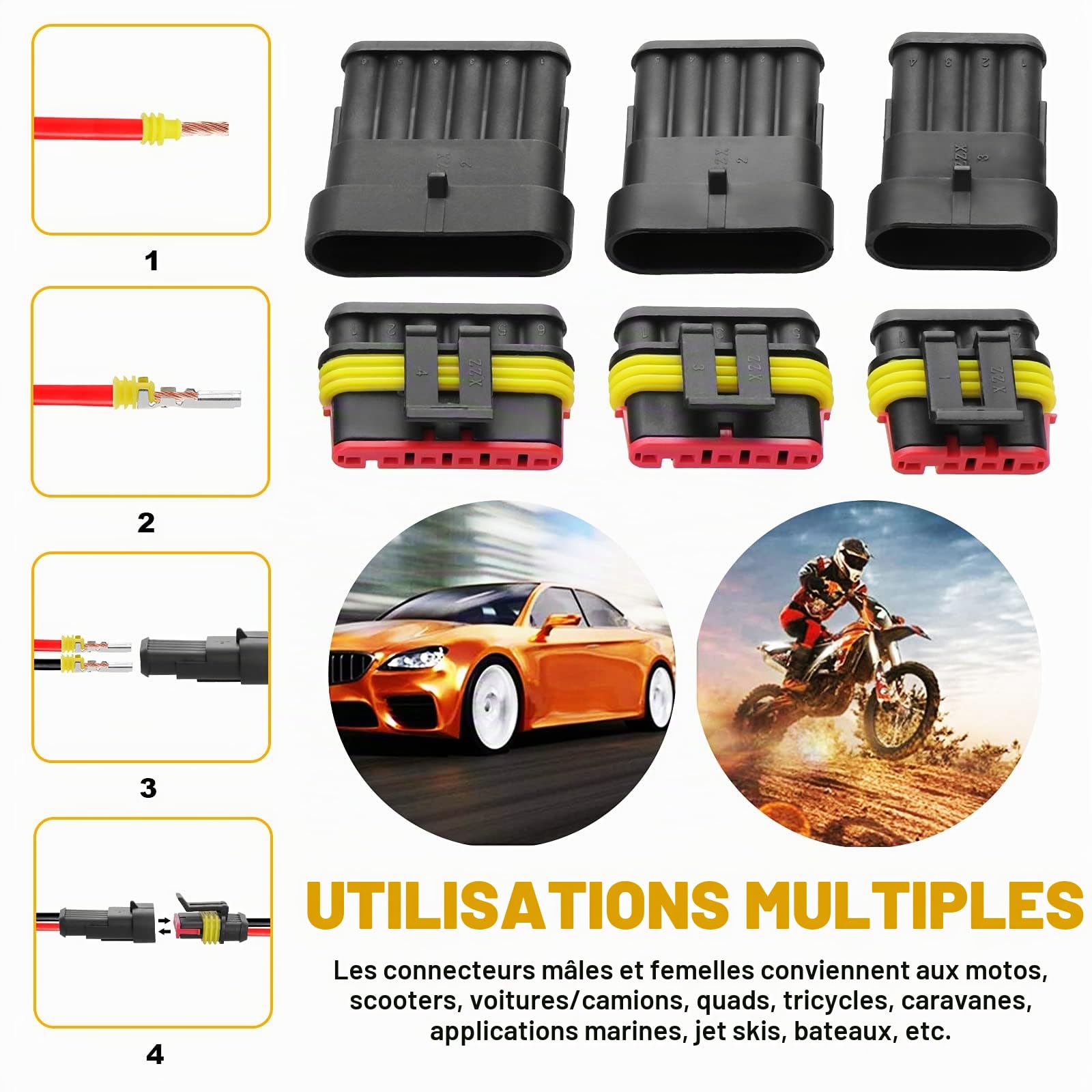 622 Pièces Imperméable à l'eau Connecteurs, Connecteurs Étanches pour Voiture à 1/2/3/4/5/6 Broches mâle/femelle avec fusibles à lame automobile pour Bateaux Camion Scooter Moto, 23-16AWG