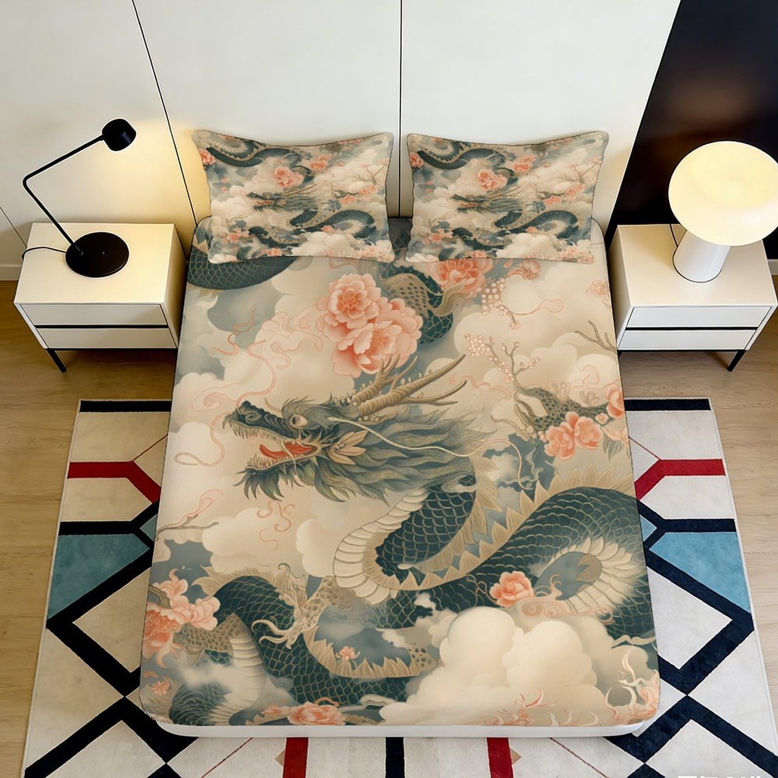 3D Printed Oriental Dragon Fitted Sheet Microfiber Soft Breathable Floral Mattress Cover for Bedroom Dorm Decor 90x200x25cm