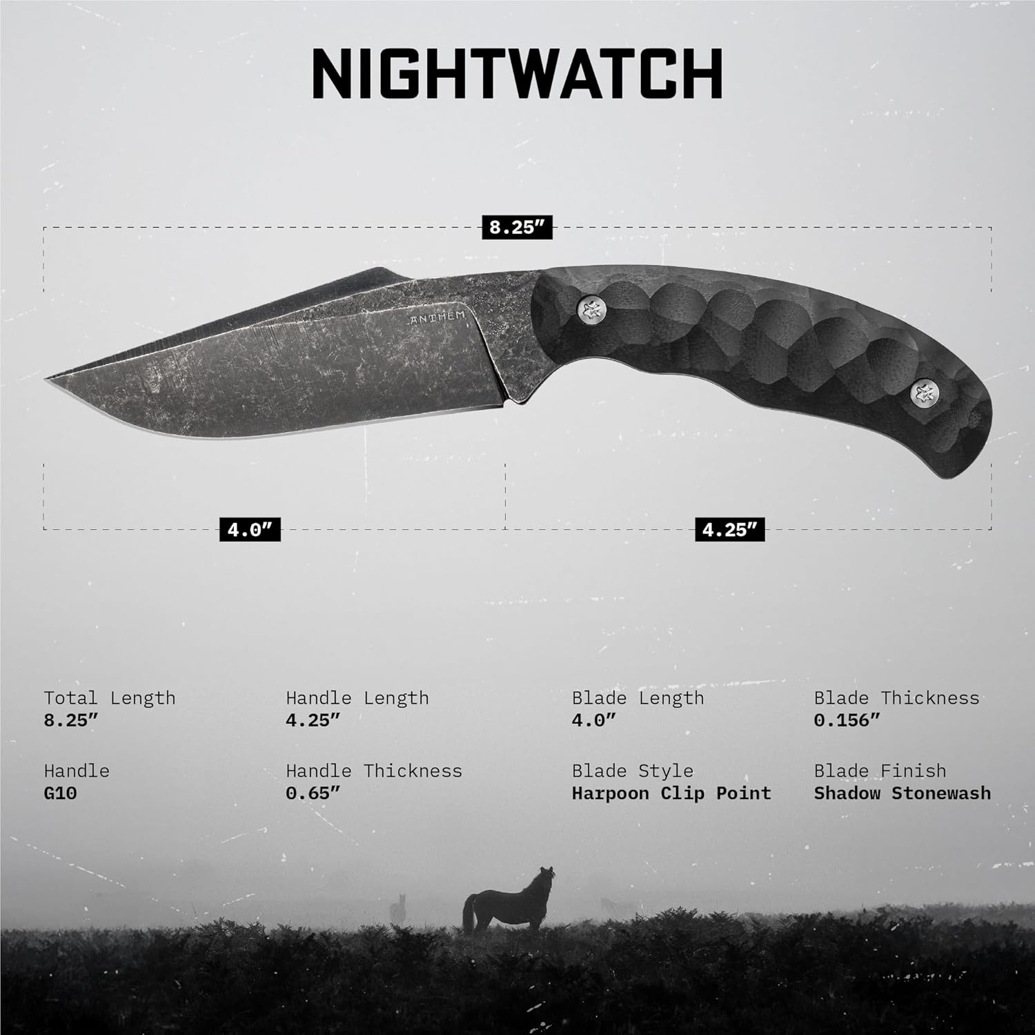 Anthem Knives The Nightwatch: Fixed Blade Knife, 52100 Steel Harpoon Clip Point, Large Tactical EDC Hunting Knife with Kydex Sheath for Camping, Outdoor, Survival - Made in USA [Black / Shadow Stonewash]