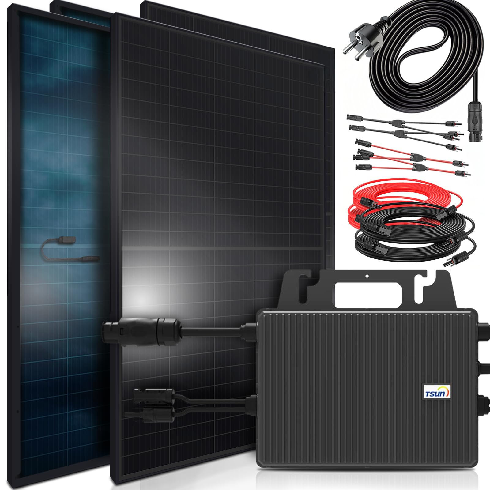 SUNNIVA 1840W Balkonkraftwerk BIFAZIAL FULLBLACK komplett Steckdose TSUN 800W Wechselrichter, PV Solaranlage, 4x 460W Glas-Glas Solarmodule, inkl. 5m Kabel, Bluetooth WIFI, Komplettset