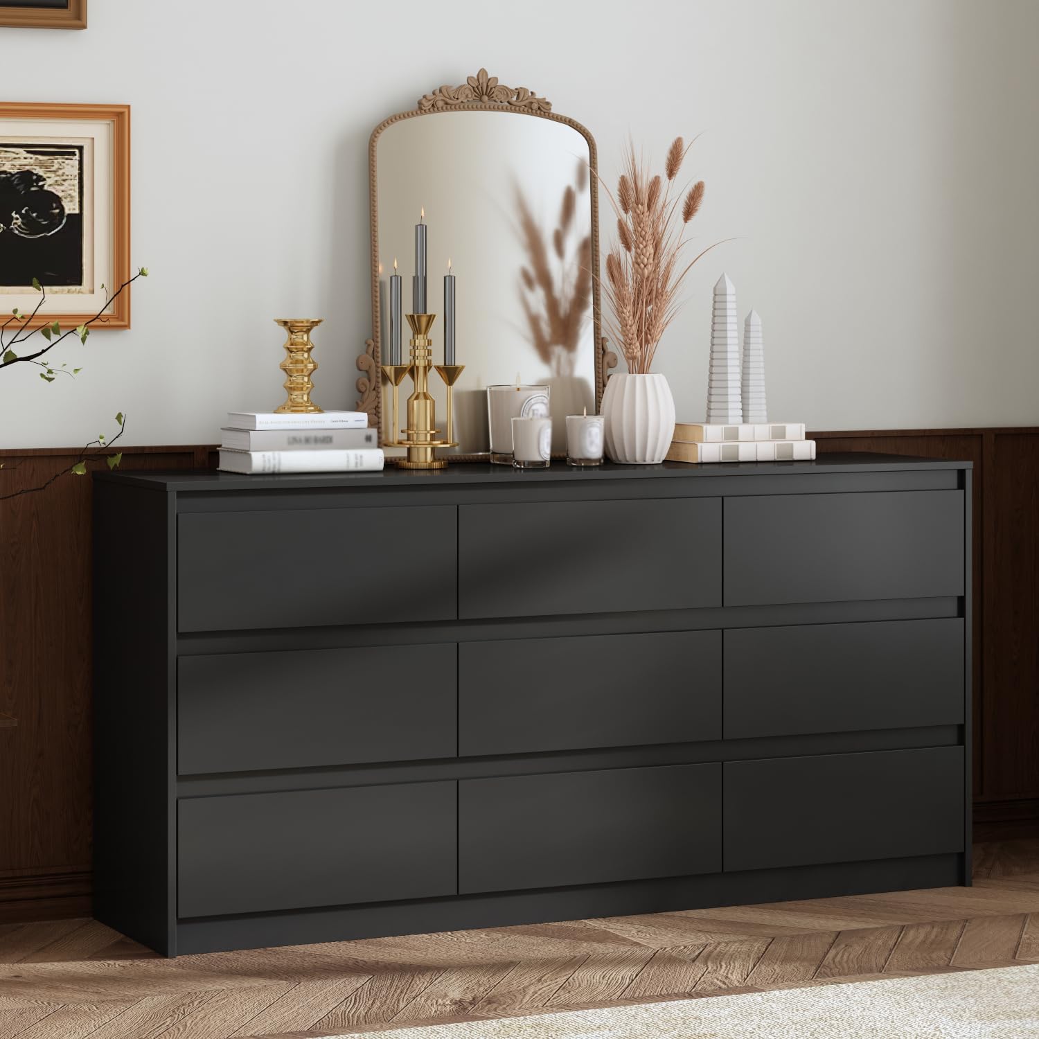 Amazon.com: Hitow Dresser for Bedroom with 9 Deep Drawers, Large Modern  Chest of Drawers Handle Free, Freestanding Black Long Dressers for Closet  Living Room, Ball Bearing Slide (63" W x 15.7" D